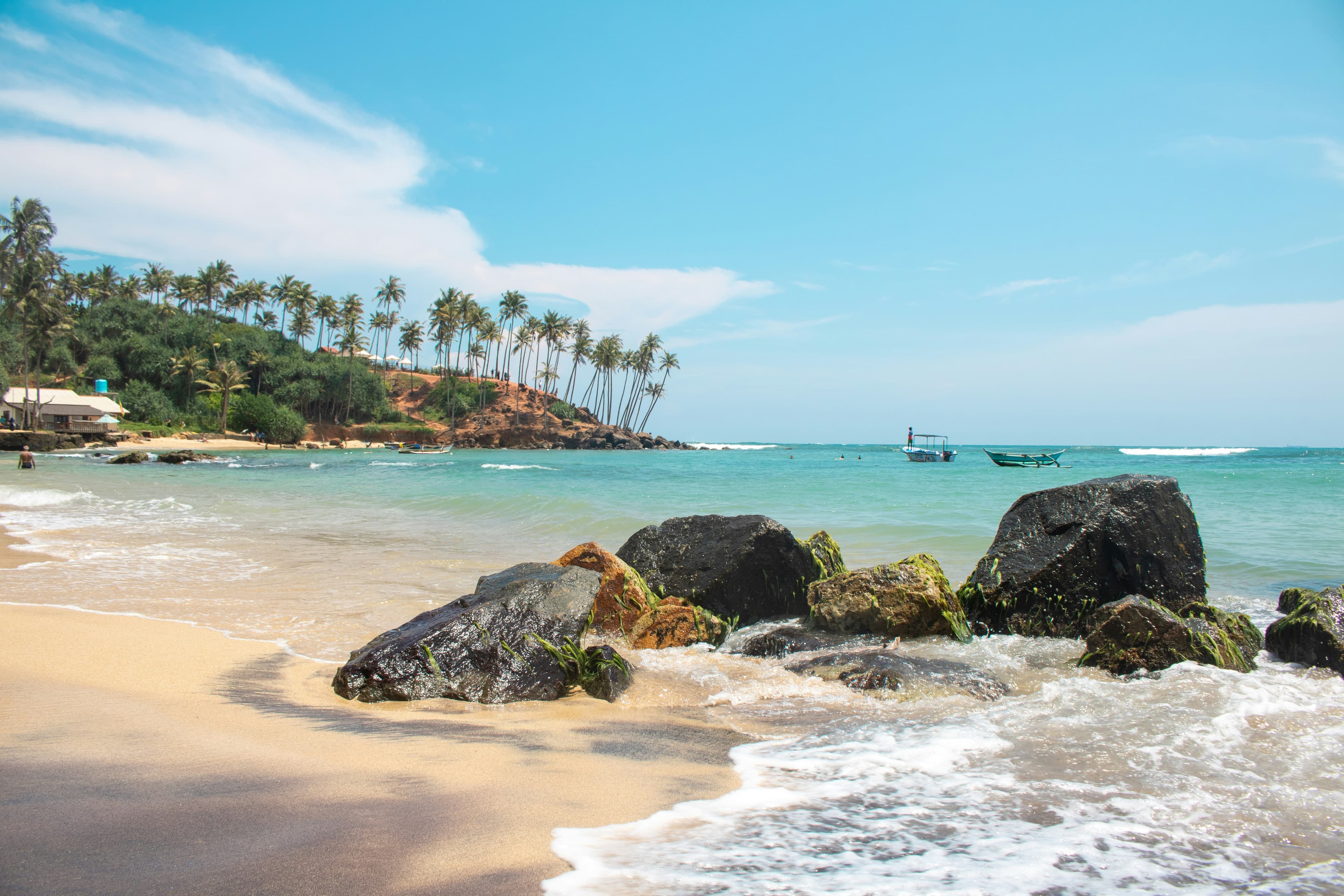 Rocky shoreline and palm-covered headland at Mirissa Beach, Sri Lanka